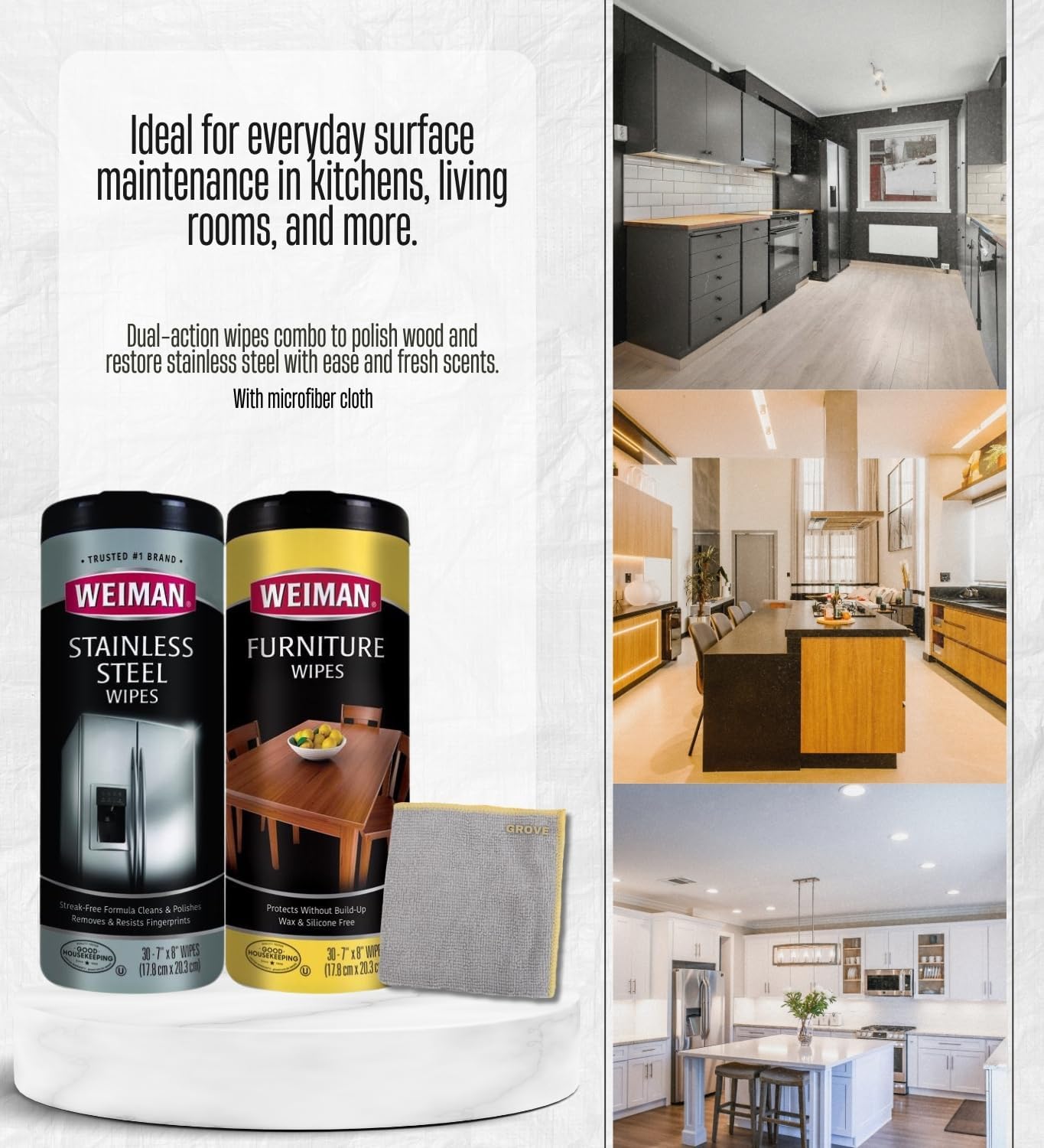 Weiman Wood Cleaner and Polish Lemon Scent Wipes & Stainless Steel Cleaner Fresh Scent Wipes Bundle with Microfiber Cloth – Furniture and Surface Care Gift Set (3 Items)