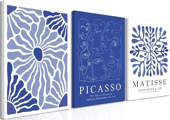 Framed Picasso Matisse Canvas Wall Art Set of 3 – Blue Abstract Line Poster Wall Decor Paintings Prints, Modern Minimalist Pictures Aesthetic Home Decor for Living Room Bedroom Office 16x24 inch