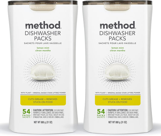 Method Dishwasher Detergent Packs, Lemon Mint, Dishwashing Rinse Aid to Lift Tough Grease and Stains, 54 Dishwasher Tabs per Package, (Pack of 2)