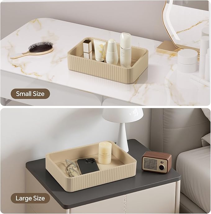 2 Pack Nightstand Organizer Tray, Decorative Perfume Valet Tray Trinket Dish Catch All Purse Key Bowl, PU Leather Coffee Table Trays for Vanity Dresser Bedside Bathroom Countertop (Beige)