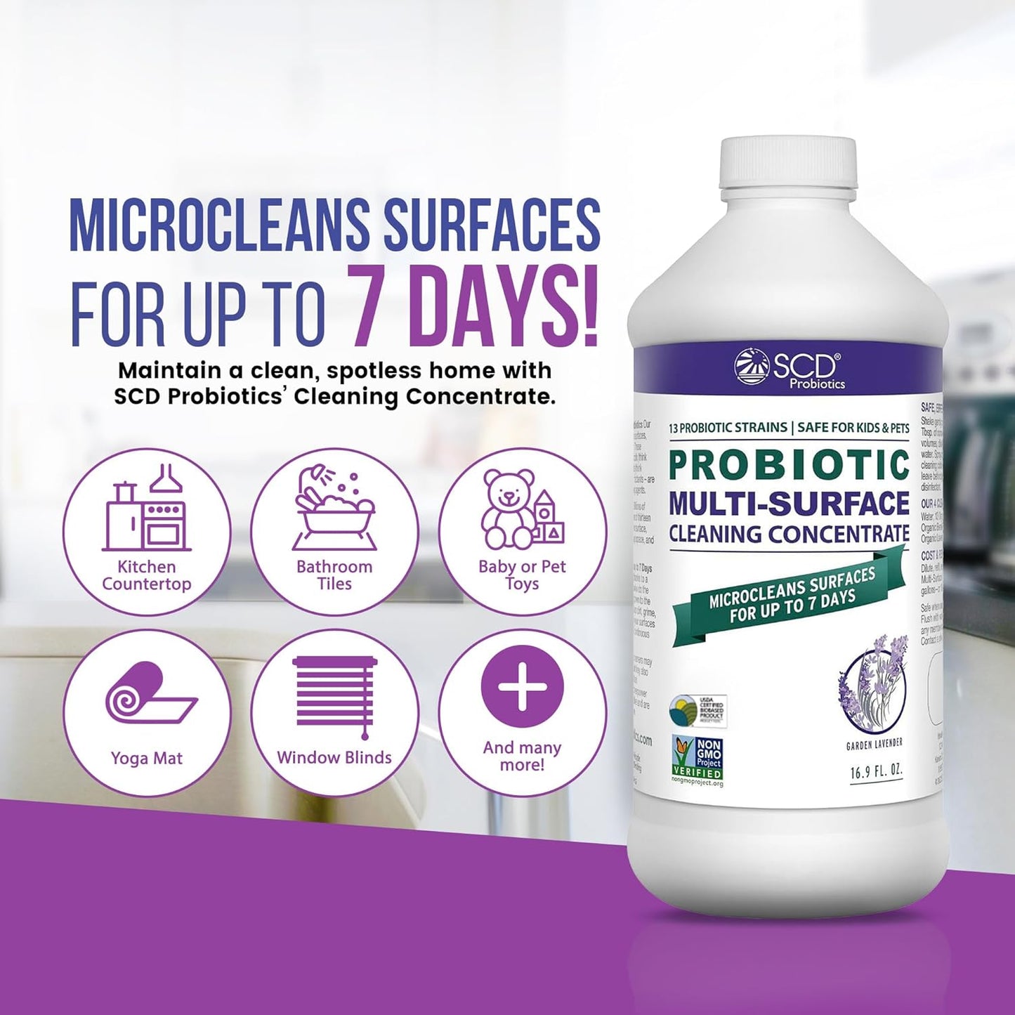 SCD Probiotics Probiotic Multi-Surface Cleaning Concentrate w/Lavender Essential Oil, Microcleans Surfaces for Up to 7 Days, Plant-Based and Multi-Surface 17 Fl Oz (3 Pack)