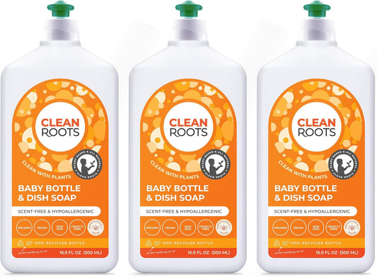 Baby Bottle & Dish Soap – EcoGarantie Certified, 100% Plant-Based Formula, Made with Organic Ingredients, Scent-Free & Hypoallergenic – 16.9 fl oz (500 mL), Pack of 3