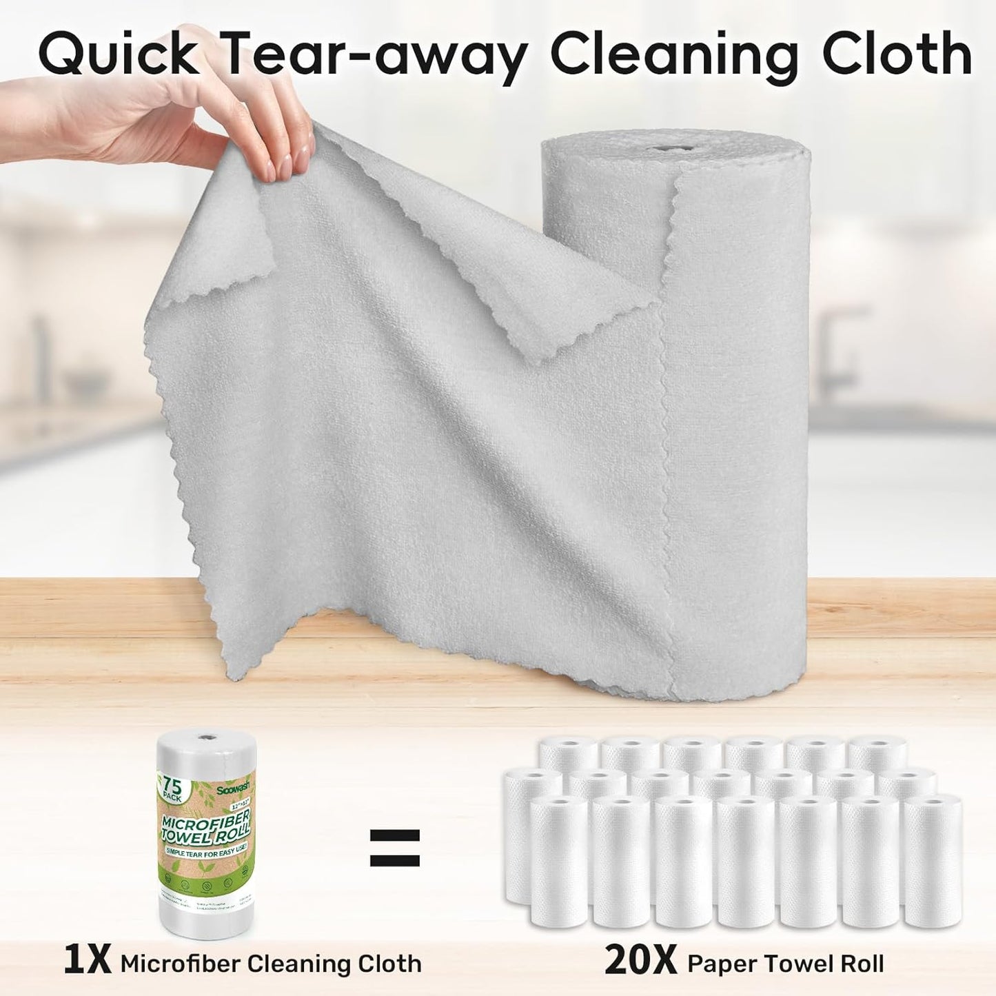 Microfiber Cleaning Cloths Roll, 75 Pack Tear Away Microfiber Towels Roll, 12" x 12" Lint Free Rags, Reusable Cleaning Cloths, Washable, Scratch Free,Ultra Absorbent Dish Rags(Grey)