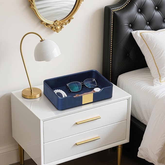 PU Leather Valet Tray with Gold Accent, Decorative Nightstand Organizer Desk Trays Cologne Organizer for Men - Key Bowl Vanity Trinket Tray for Dresser Bedside Entryway Table (Navy Blue)
