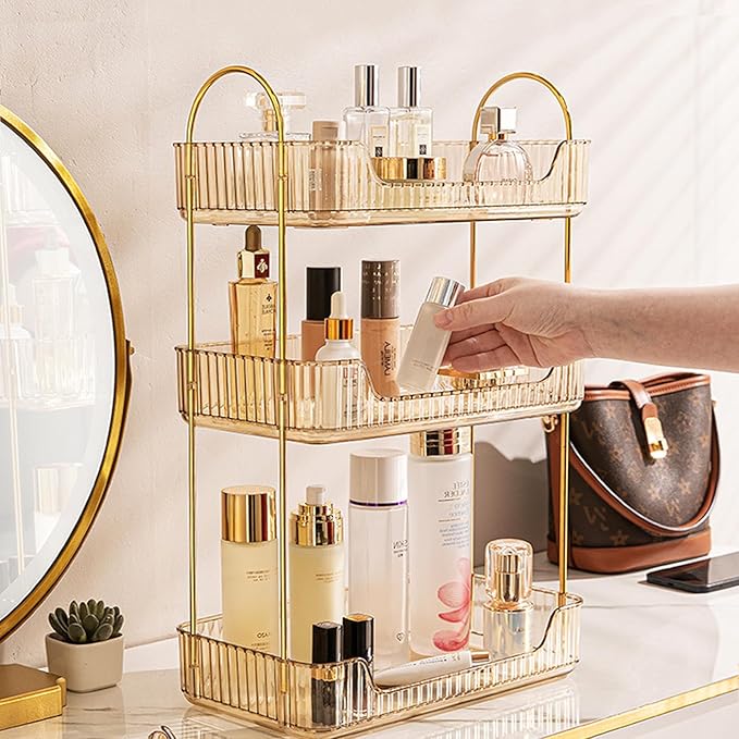 Bathroom Counter Organizer Countertop, 3 Tier Makeup Perfume Shelf Storage, Skincare Cosmetic Tray for Dresser Vanity - Gold