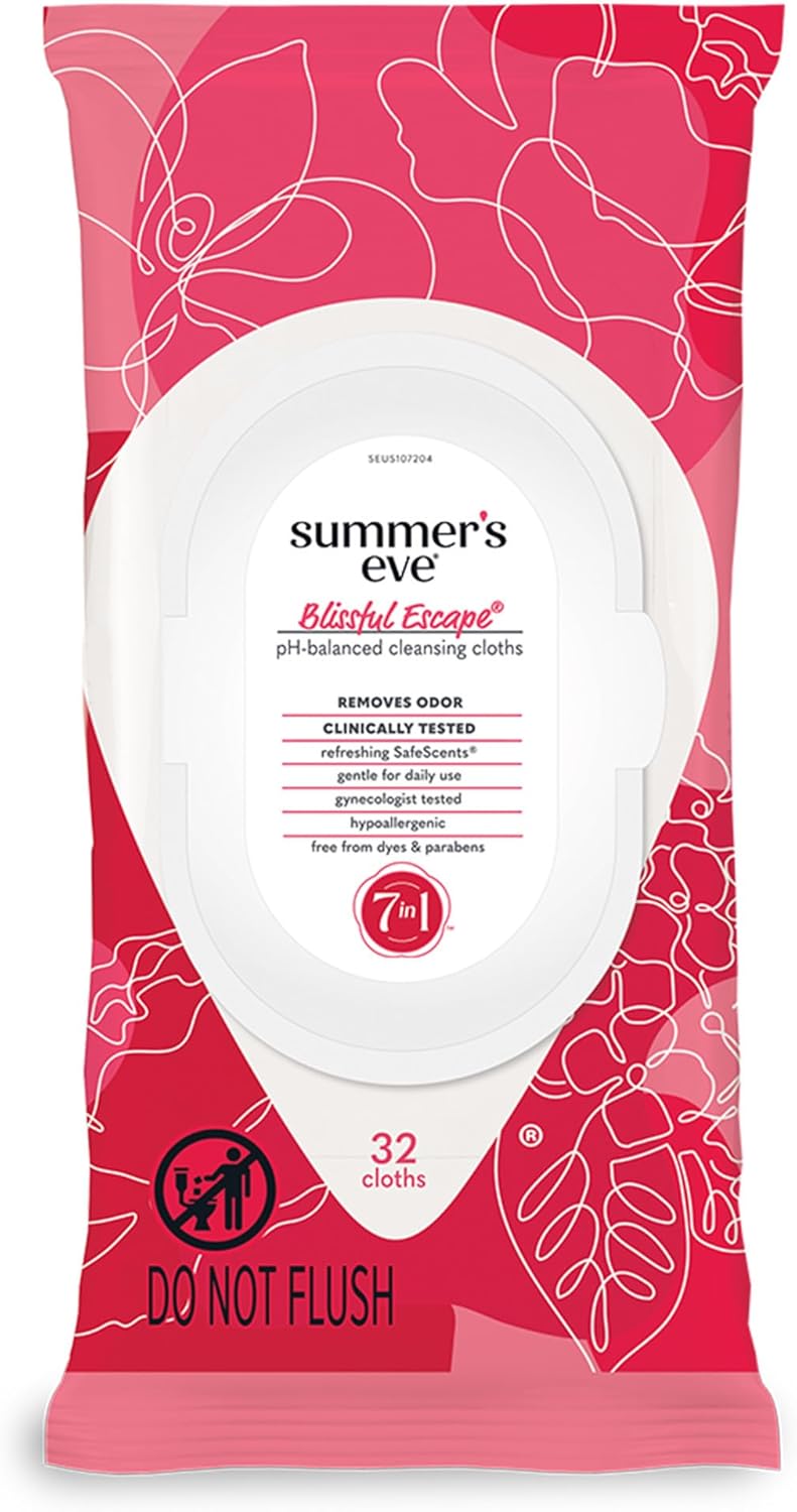 Summer's Eve Blissful Escape Feminine Wipes, Gentle pH-Balanced Formula Helps Control Vaginal Odor, Resealable Pack, 32 Wipes