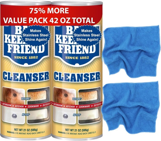 Household Cleaning Kit – Includes 2 Bar-Keeper’s-Friend Cleanser and Polish Powder 21 oz Multipurpose Cleaner, Rust Stain Remover + 2 Microfiber Towels, Cleans Stains and Residue from Hard Surfaces