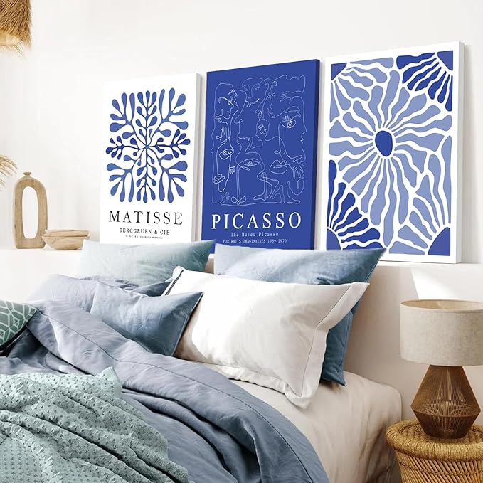 Framed Picasso Matisse Canvas Wall Art Set of 3 – Blue Abstract Line Poster Wall Decor Paintings Prints, Modern Minimalist Pictures Aesthetic Home Decor for Living Room Bedroom Office 12x16 inch