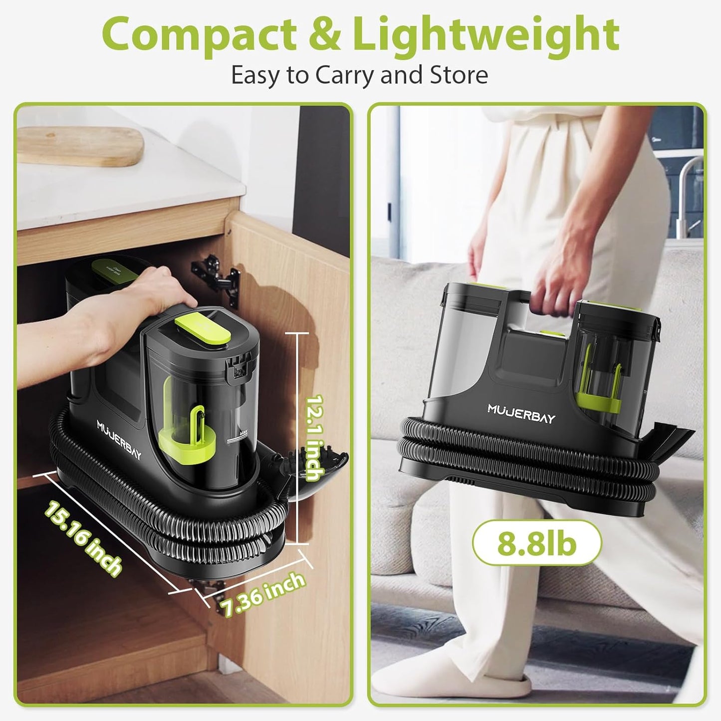 Carpet Cleaner, MUJERBAY 15Kpa Portable Spot and Stain Cleaner Machine, Easy Move with Handle, 1.5-inch Deep Cleaning Shampooer for Couch, Stairs, Car and Pet Messes. Green