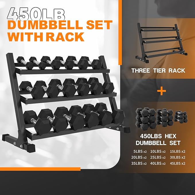 Mikolo Dumbbell Sets with Rack, Rubber Hex Dumbbells, Multiple Choices in 160/200/380/450/550LB, Hand Weights with Chrome Handle for Strength Training