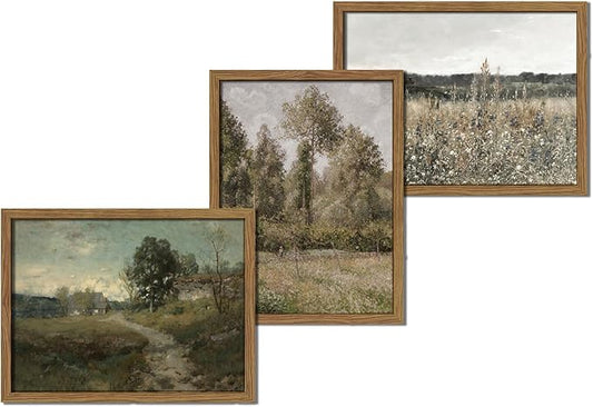 Hwetui Vintage Landscape Canvas Wall Art Framed Set of 3 Wildflower Field Poster Retro Rustic Farmhouse Prints Classical Nature Oil Painting Picture Home Decor for Living Room Bedroom Office 16x24in