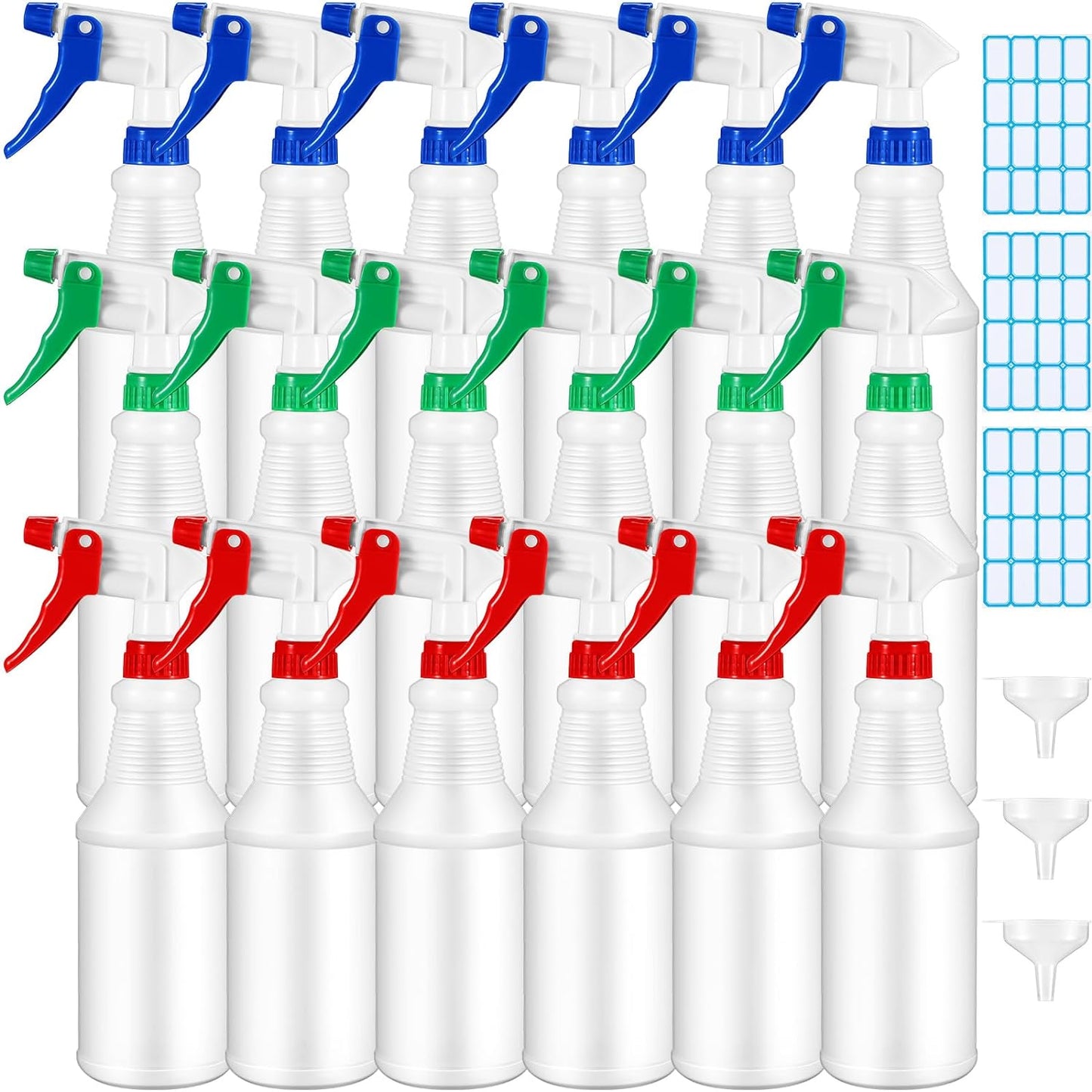 Yinder 18 Pcs 16 Oz Plastic Spray Bottle Bulk Empty Refillable Spray Bottles for Cleaning Solution Leak Proof Water Sprayer with Adjustable Nozzle Mist/Stream Mode(Red, Blue, Green)