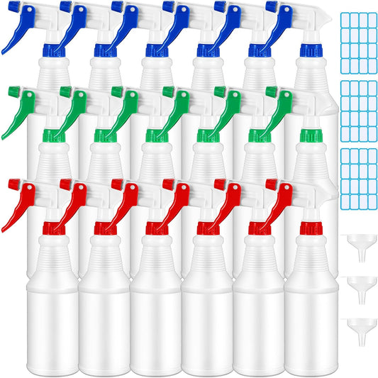 Yinder 18 Pcs 16 Oz Plastic Spray Bottle Bulk Empty Refillable Spray Bottles for Cleaning Solution Leak Proof Water Sprayer with Adjustable Nozzle Mist/Stream Mode(Red, Blue, Green)