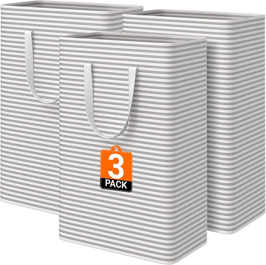 3 Pack Large Laundry Basket,Waterproof & Freestanding Laundry Hamper,Collapsible Clothes Hampers with Easy Carry Long & Reinforced Handles in Bathroom,College Dorm(125Lx3,Gray)