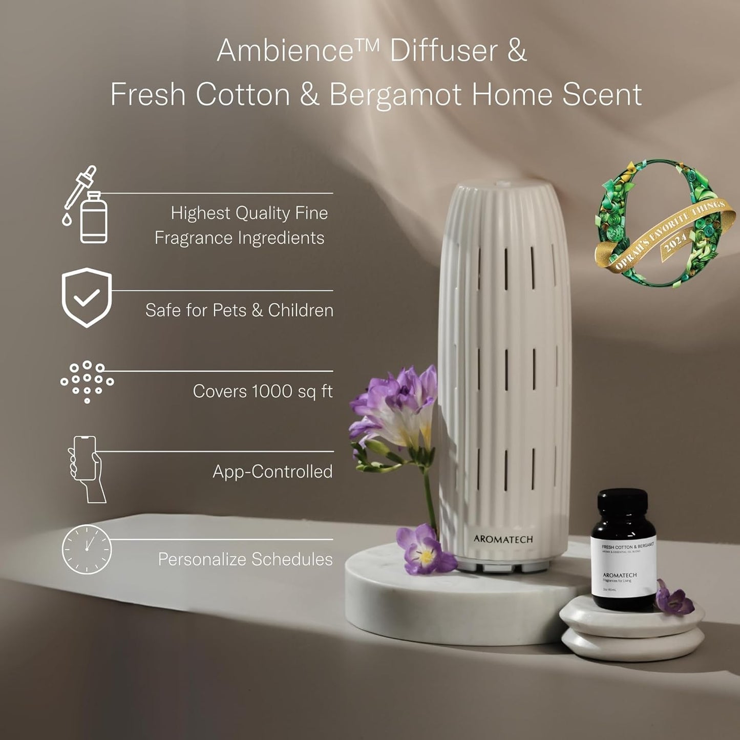 AromaTech Ambience Scent Diffuser for Essential Oil Blends & Fragrances – Waterless Scent Machine w/Bluetooth for Home, Bathroom Boutiques, Hotel, Spa – Charcoal with 60 ml Oil