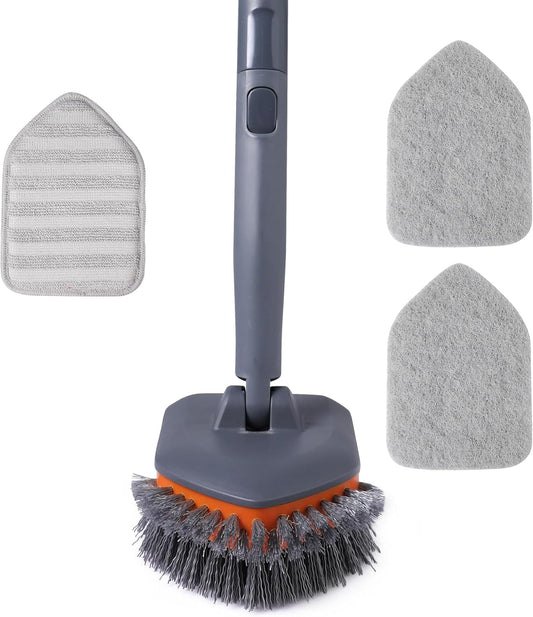 Tub Tile Scrubber Brush with 3 Different Function Cleaning Pads and 56" Extendable Long Handle-No Scratch for Cleaning Bathroom Kitchen Toilet Wall Sink,Orange