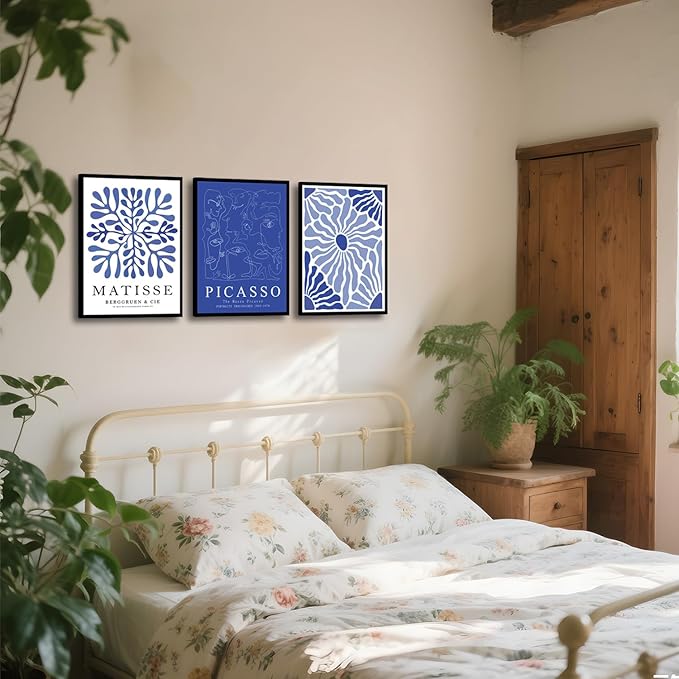 Blue Matisse Canvas Wall Art Poster Set of 3, Picasso Abstract Line Wall Decor Paintings Prints, Modern Minimalist Pictures Aesthetic Home Decor for Living Room Bedroom Office 16x24 inch Unframed