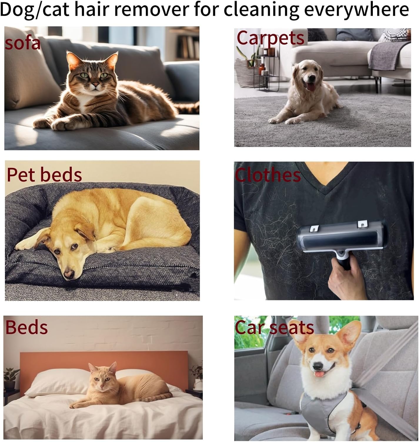 Wokaku Roller Pet Hair Remover Lint Brush with Self-Cleaning Fur Bin and Ergonomic Handle for Furniture Couch Carpet Car Seat Bedding Clothes Multi-Surface Dog Cat Hair Removal Tool