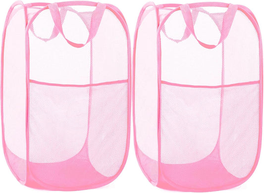 2 Pack Durable Collapsible Laundry Baskets - Reinforced Mesh Pop Up Laundry Hamper with Pocket, Foldable Dirty Clothes Hamper with Carry Handles for Laundry, Bathroom, Kids Room, Dorm or Travel Pink