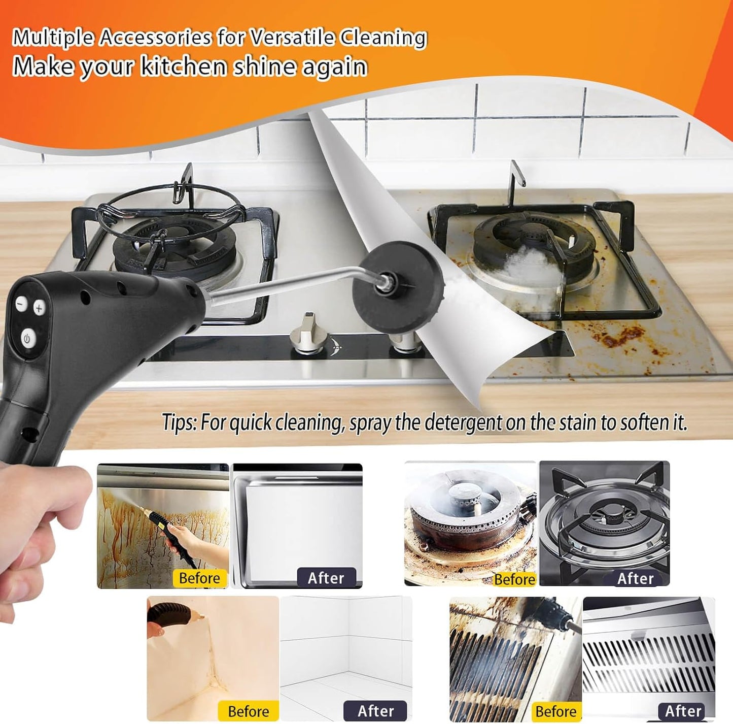 1200ml Handheld Steam Cleaners,Pressurized Multi-Surface Steam Cleaner with 5pcs Accessories,for Home Upholstery Car Floor Window Grime Grease Grout and Tile (Orange-1200ml)