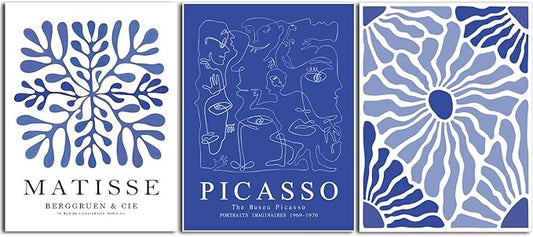 Blue Matisse Canvas Wall Art Poster Set of 3, Picasso Abstract Line Wall Decor Paintings Prints, Modern Minimalist Pictures Aesthetic Home Decor for Living Room Bedroom Office 16x24 inch Unframed