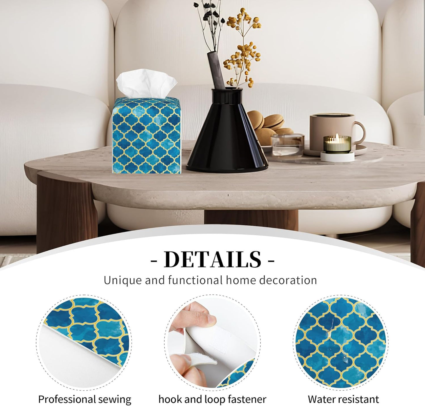 Tissue Box Holder Blue Moroccan Tile Tissue Box Cover Square Leather Tissue Holder Organizer Portable Decorative Facial Paper Case for Home Office Bathroom Vanity Countertop