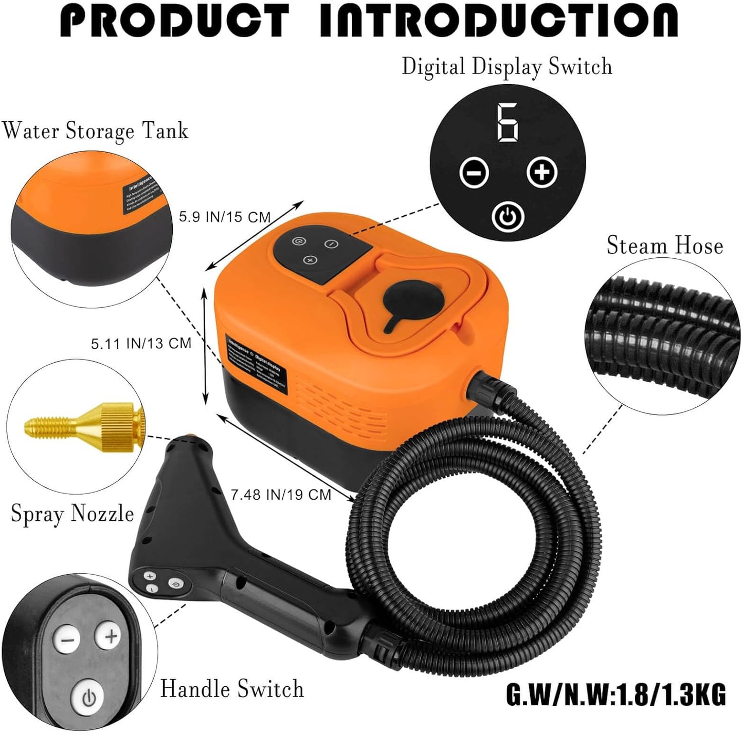 1200ml Handheld Steam Cleaners,Pressurized Multi-Surface Steam Cleaner with 5pcs Accessories,for Home Upholstery Car Floor Window Grime Grease Grout and Tile (Orange-1200ml)