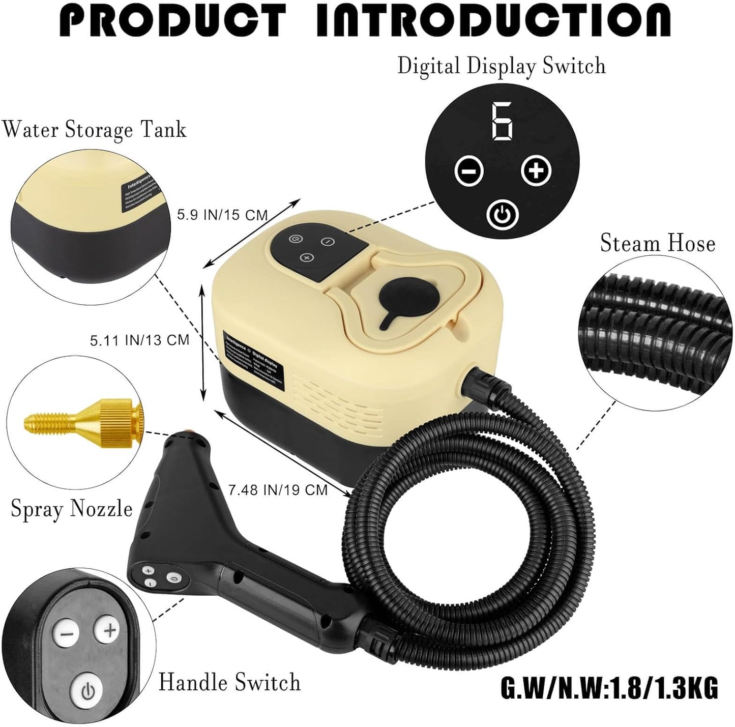 1200ml Handheld Steam Cleaners,Pressurized Multi-Surface Steam Cleaner with 5pcs Accessories,for Home Upholstery Car Floor Window Grime Grease Grout and Tile (Beige-1200ml)