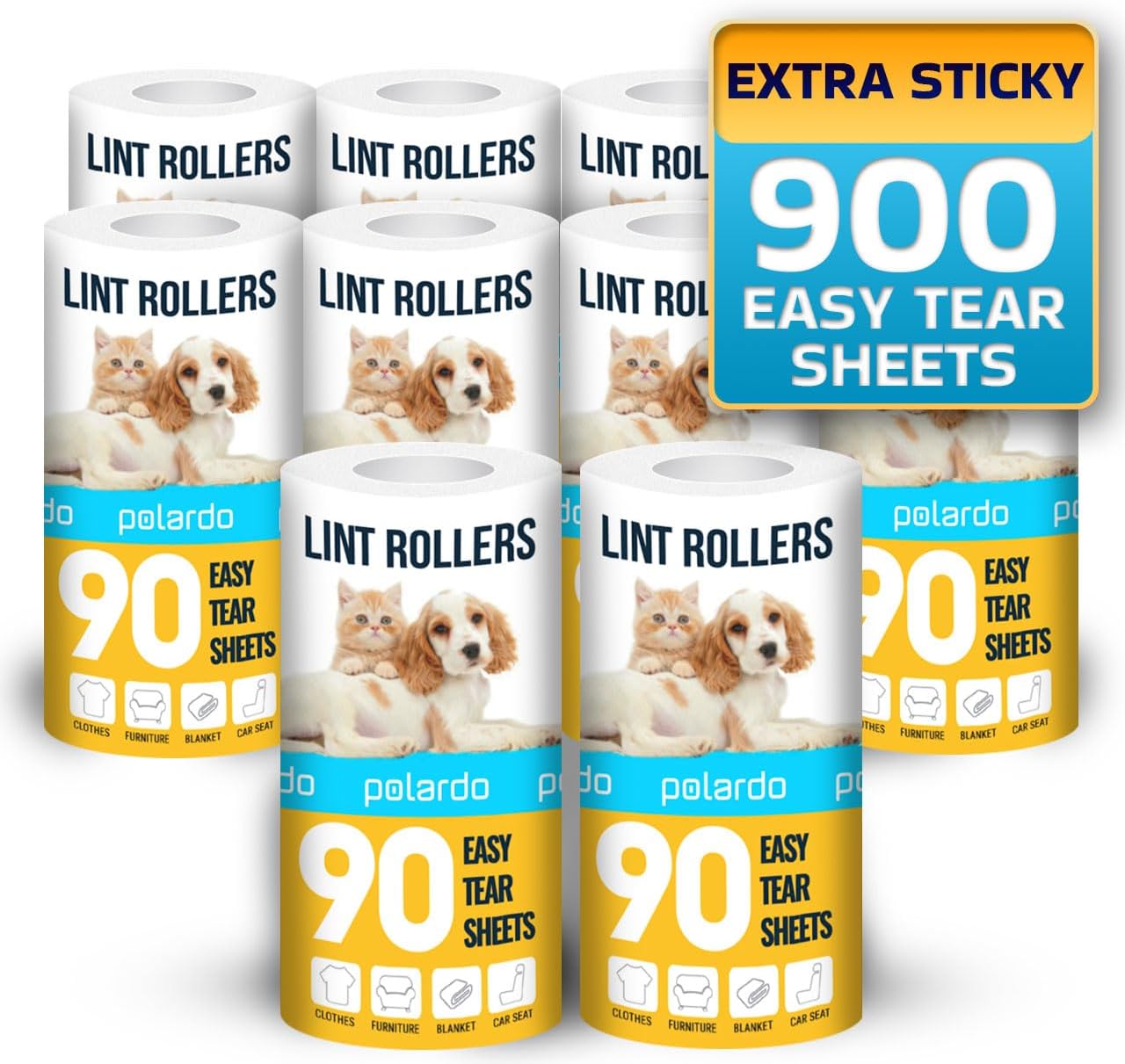 Lint Rollers 900 Sticky Sheets, 10 Spare Rollers,10 Pack of Refills Only. Pet Hair Remover for Clothes, Furniture, Couch, Carpet, Dog Hair Remover, Cat Hair Remover, Animal Fur, Fuzz