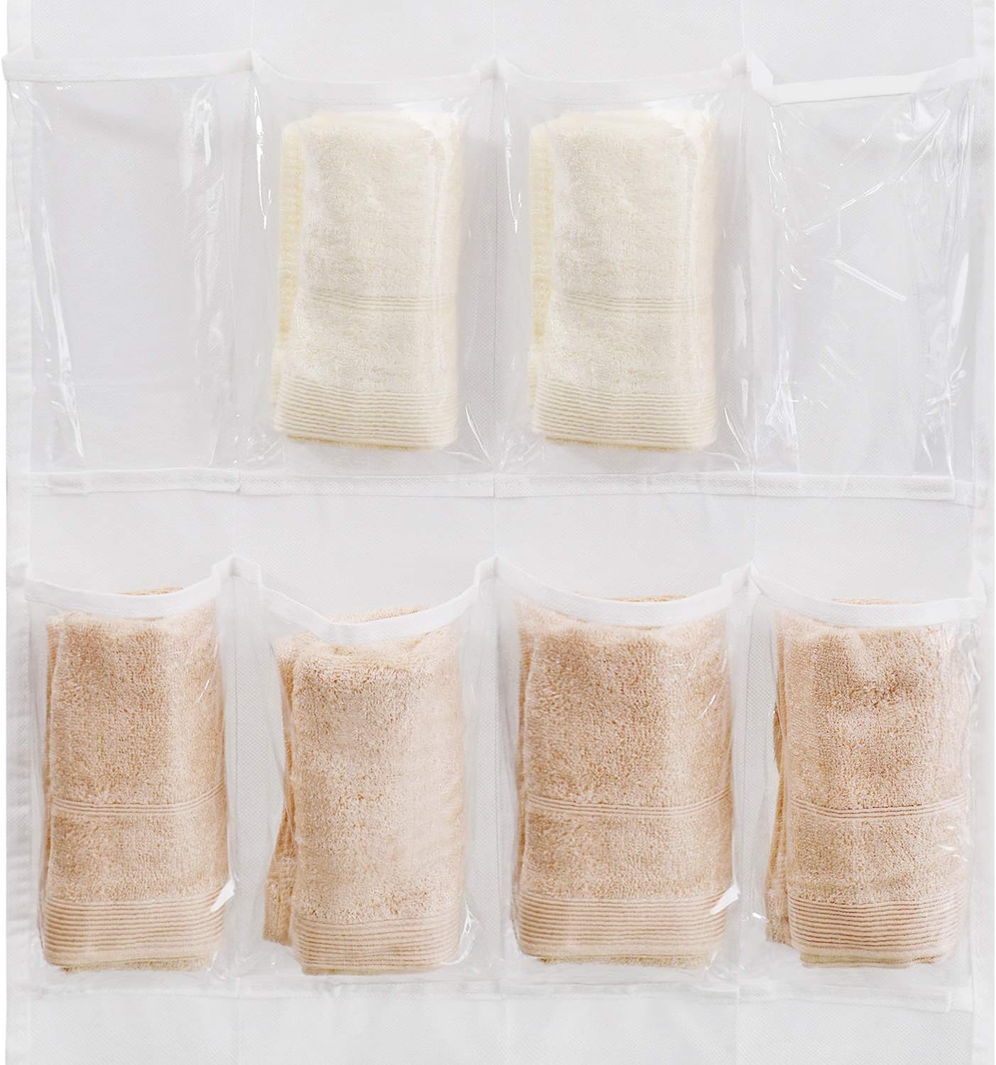 Flexzion Hanging Shoe Organizer, Over The Door Closet Shoes Storage Hanger, Footwear Holder, 24 Clear Plastic Pockets w/ 3 Steel Hooks for Cloth Cleaning Supplies House Stationery Accessories, White