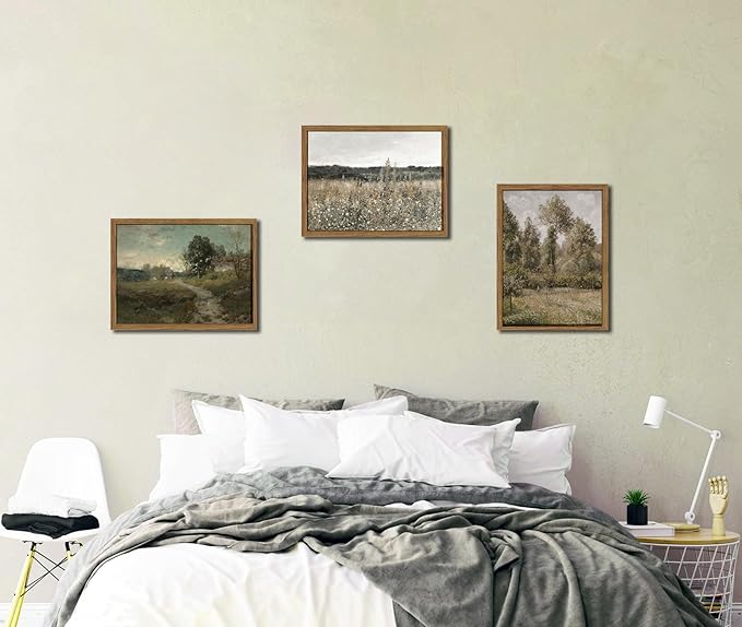 Hwetui Vintage Landscape Canvas Wall Art Framed Set of 3 Wildflower Field Poster Retro Rustic Farmhouse Prints Classical Nature Oil Painting Picture Home Decor for Living Room Bedroom Office 16x24in