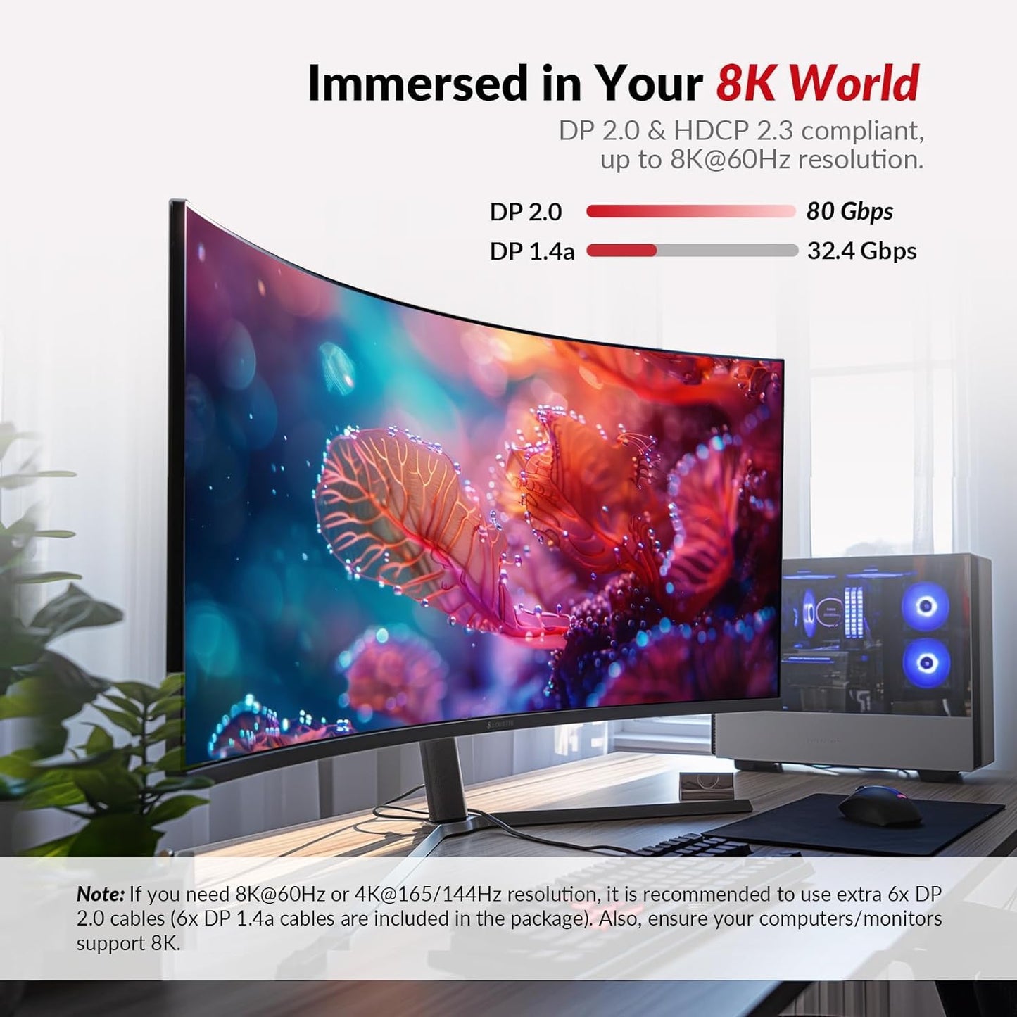 (Desktop only) AV Access KVM Switch 3 Monitors 2 Computers 8K@60Hz, with 6 DP Cables, DisplayPort 2.0, 1G Ethernet, USB 3.0, Docking Station Triple Monitor, 4K@165/144Hz, 2K@144Hz for Dell HP