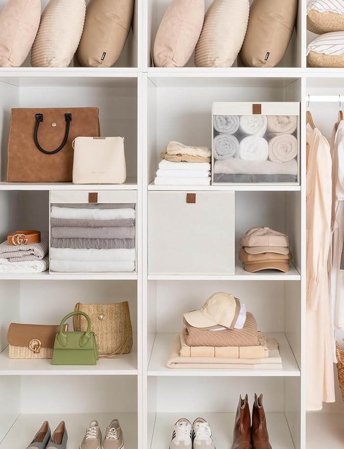 StorageWorks 13x13 Storage Cubes, Closet Storage Bins with Clear Window, Large Fabric Organizer for Clothes, Collapsible Storage Baskets with PU Handles, Beige, 3-Pack