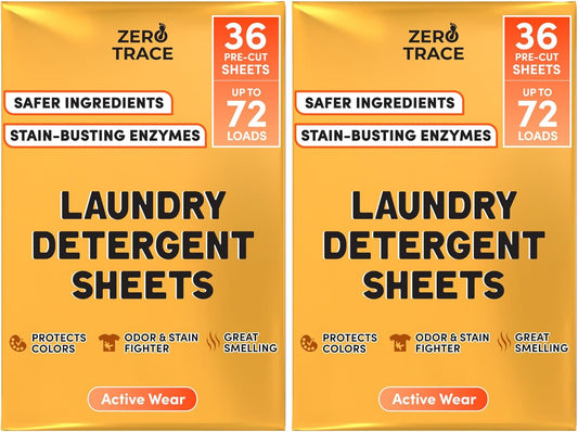Zero Trace Laundry Detergent Sheets - Formulated for Sweat and Workout Clothes- Plastic Free Eco-friendly (Active Wear 144 Loads)