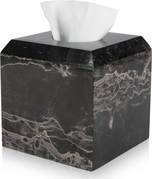 WORHE Tissue Box Cover Italy Natural Marble Heavy Duty Square Facial Toilet Paper Holder for Bathroom Living Room Bedroom Dresser Kitchen Minimalistic Office Home Decor Black (WH013)