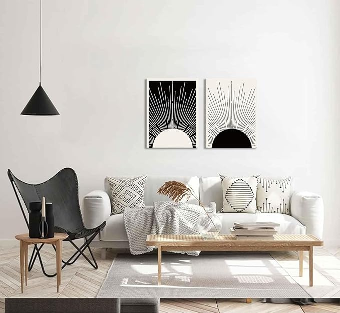 Hwetui Framed Boho Sun Wall Art Set of 2 Black and White Minimalist Sunrise Canvas Prints Abstract Sunshine Painting Geometric Line Pictures Home Decor for Living Room Bedroom Bathroom 12x16in