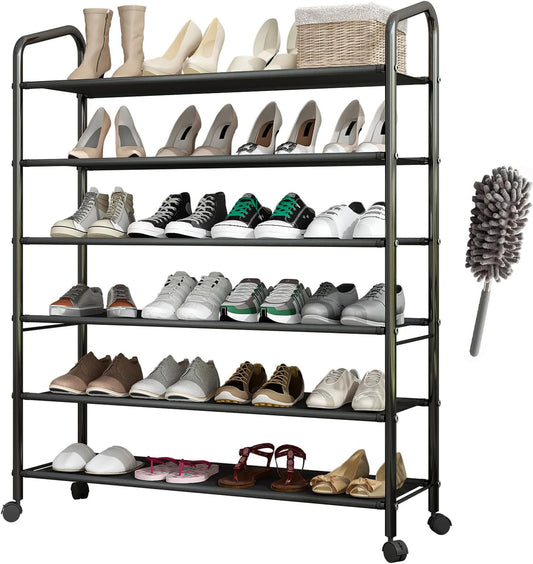 Tall 6-Tier Metal Shoe Rack,Non-Woven Fabric Shoe Shelf,Large Storage Racks with Locking Wheels,Rolling Shoe Storage Organizer Shoe Stand Holders,for Garage Closet Dorm,Black
