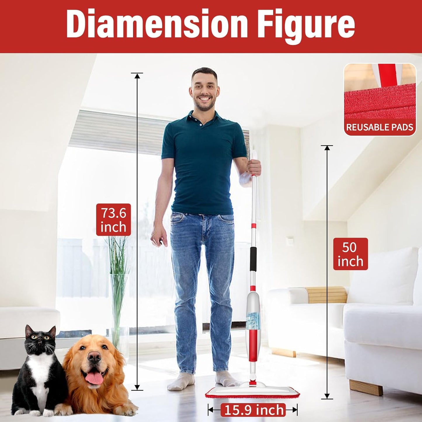 Mops for Floor Cleaning Wet Spray Mop with 14 oz Refillable Bottle and 2 Washable Microfiber Pads Home or Commercial Use Dry Wet Flat Mop for Hardwood Laminate Wood Ceramic