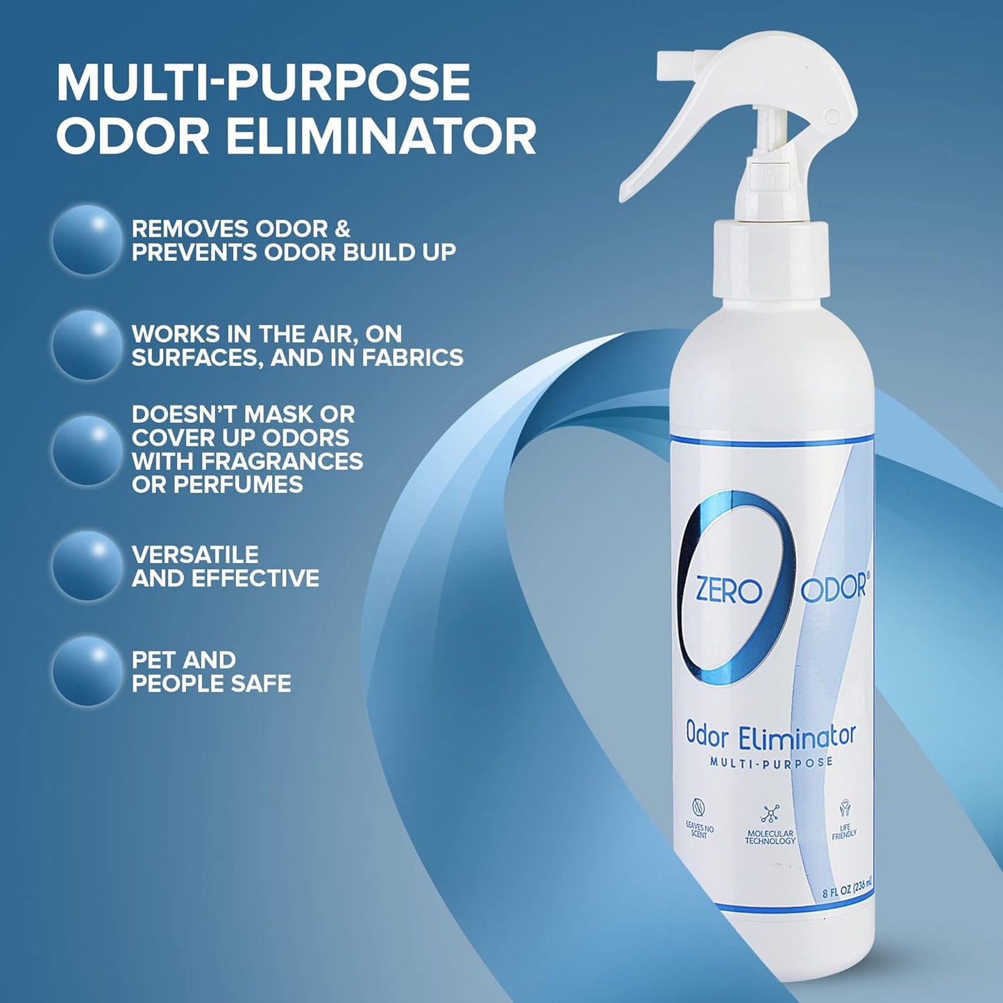 Zero Odor Multi-Purpose Odor Eliminator - Eliminate Air & Surface Odor – Patented Technology Best for Bathroom, Kitchen, Fabric, Closet- Smell Great Again, 8oz (Over 1000 Sprays)