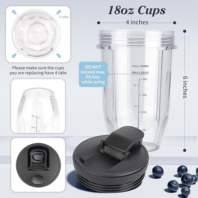Ninja Blender Cups Replacement Parts 18 24 32 oz Cups for Blender with Sip & Seal Lids Nutri Auto IQ Accessories BL450 BL456 BL480 BL482 BL642 BL682 SS101 SS151 SS351