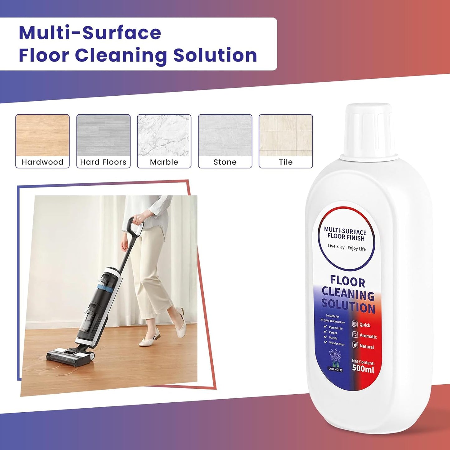 Floor Cleaning Solution Compatible with Tineco/Roborock, Deep Cleans of Multiple Hard Floors for All Mopping Robot Vacuums and Cordless Wet/Dry Vacuum Mop Cleaner, Lavender Scent, 1000ml, 2 Bottles