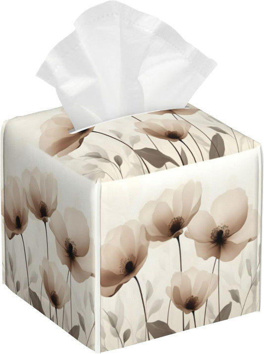 Brown Poppy Floral Leaves Spring Tissue Box Cover,Waterproof Leather Tissue Cube Box Holder Square Facial Paper Organizer Dispenser for Bathroom Home Car Nightstand Vanity Desk
