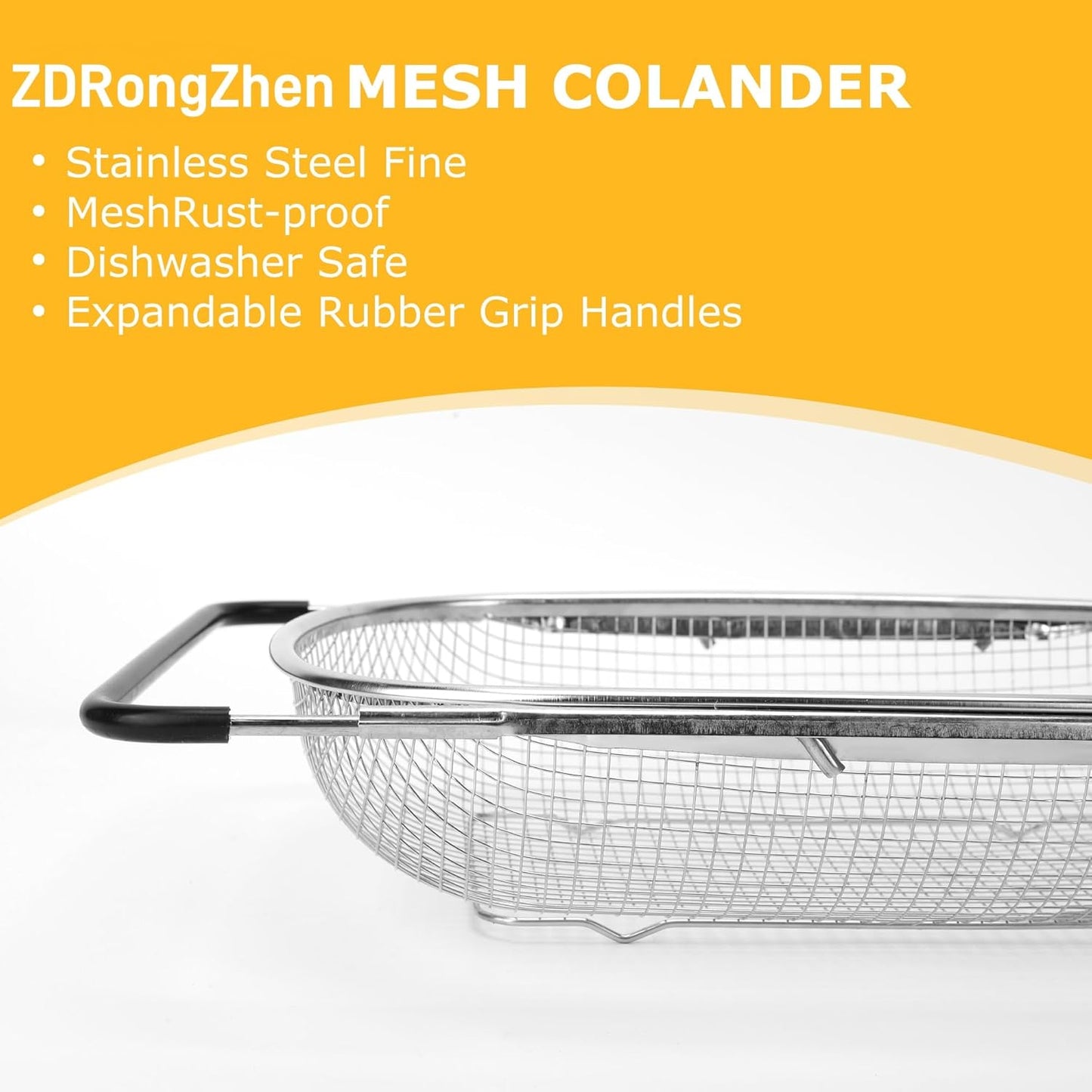 ZDRongZhen Kitchen Accessories Over the Sink Colander Strainer Basket，Stainless Steel Colander with Expandable Rubber Grip Sink Drainer-Rinse Vegetables Fruits &Strain&Drain (Large-grid)