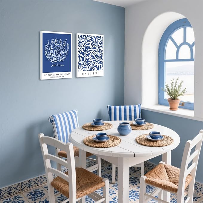 Framed Henri Matisse Canvas Wall Art Set of 3 - Abstract Blue and White Botanical Line Wall Decor Paintings, Modern Minimalist Poster Prints Aesthetic Home Decor for Living Room Bedroom Office 16x24 inch