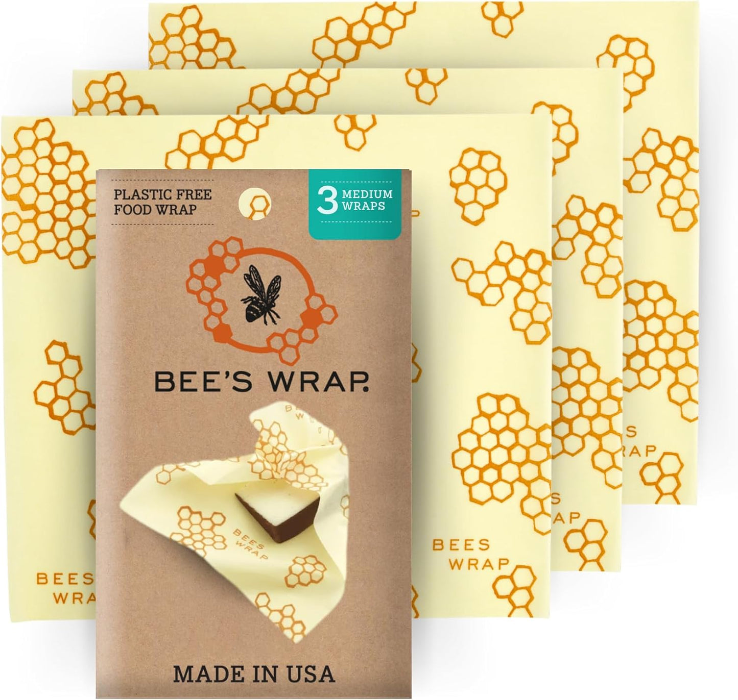 Bee's Wrap Beeswax Wraps for Food - Honeycomb Medium 3 Pack Made in USA Reusable & Organic Food Wraps, Sandwich Wrap & Bowl Covers - Eco-Friendly Alternative to Aluminum Foil & Plastic Wrap