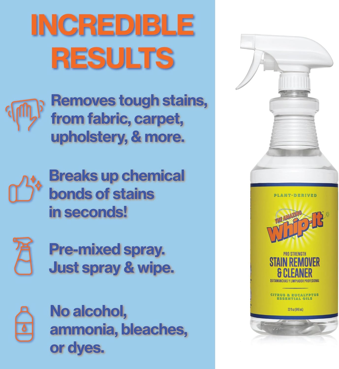 Whip It Cleaner, Multi Purpose Stain Remover Professional Strength Spray, Plant Based Enzyme Cleaner, Cleaning Food, Coffee, Wine, Baby Stains, Pet Stains, Over 500 uses, Made in USA, 32 OZ