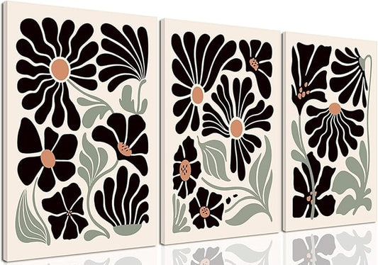 Hwetui Boho Wall Art Set of 3 Abstract Black flowers Plant Poster Vintage Green Floral Canvas Prints Neutral Home Decor Aesthetic Bohemian Artwork Painting Pictures for living room16''x24''Framed