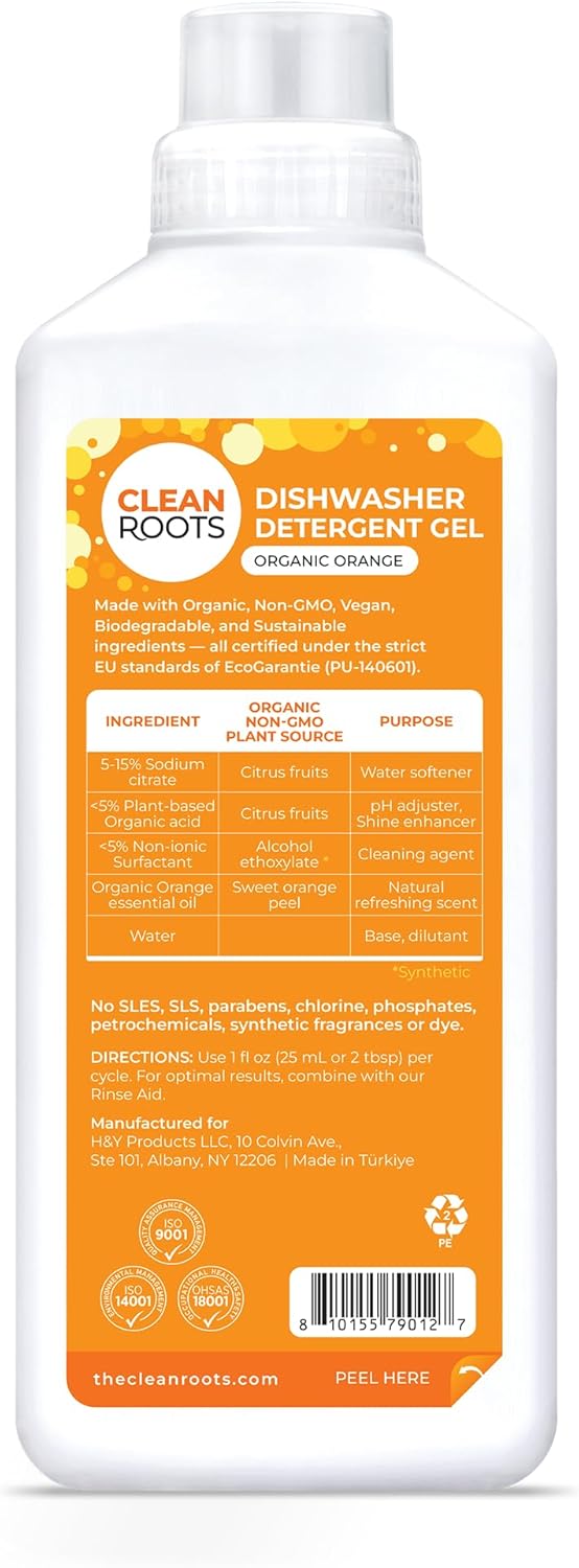 Dishwasher Detergent Gel – Plant-Based Formula, Made with Organic Ingredients, Scented with Organic Orange Essential Oil – 33.8 fl oz (1 L), Pack of 2