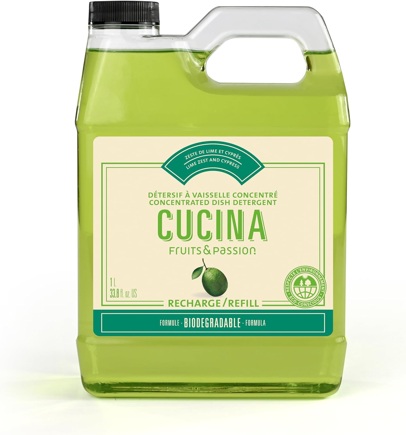 Fruits & Passion Cucina Concentrated Dish Soap Refill, Lime Zest & Cypress Tree, Gentle Liquid Dishwashing Detergent with Olive Oil, Vegan & Eco-Friendly Formula, 1 Liter (33.8 fl oz)