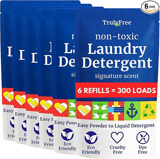 Truly Free Natural Laundry Detergent for Sensitive Skin | Eco Friendly, Plant Based, Baby Clothes Safe | Clean & Easy Powder to Liquid, 6 Pack Refill Detergent, NO Jug | Signature Scent, 300 Loads